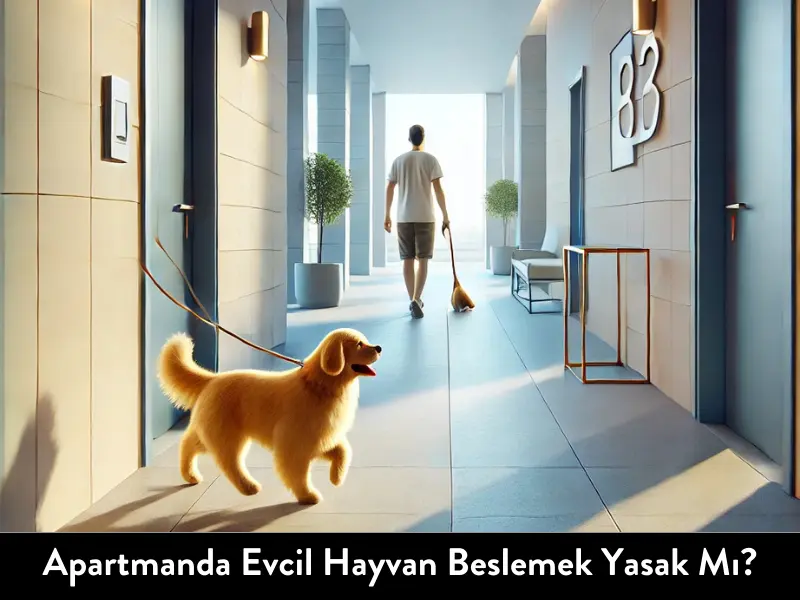 Modern bir apartman girişinde evcil hayvanı ile yürüyen bir kişi. Apartmanda evcil hayvan beslemenin hukuki boyutunu ve kuralarını anlatan makalenin konusunu görsel olarak temsil ediyor.